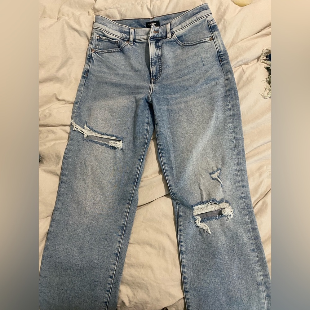 Express Light Blue Distressed Straight Leg Jeans